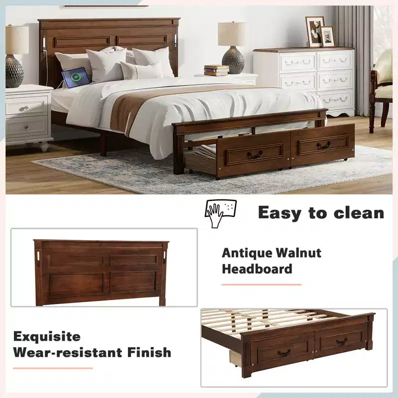 Lit plateforme 152 x 203 cm / 193 x 203 cm avec tête de lit haute, cadre de lit rustique en bois avec 2 tiroirs – Sanzelize Design