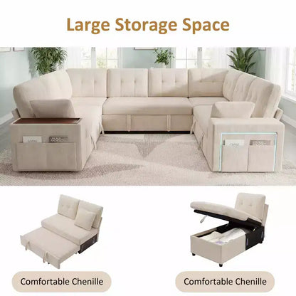 Canapé modulaire 284 cm convertible avec lit gigogne, canapé d'angle en U avec rangement – Sanzelize Design
