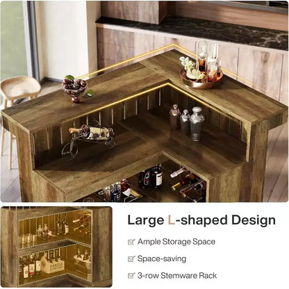 Bar de salon en L, bar à liqueurs d'angle à 4 niveaux avec étagères de rangement et porte-verres à vin pour pub à – Sanzelize Design
