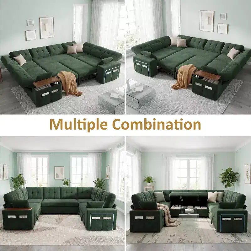 Canapé modulaire 284 cm convertible avec lit gigogne, canapé d'angle en U avec rangement – Sanzelize Design
