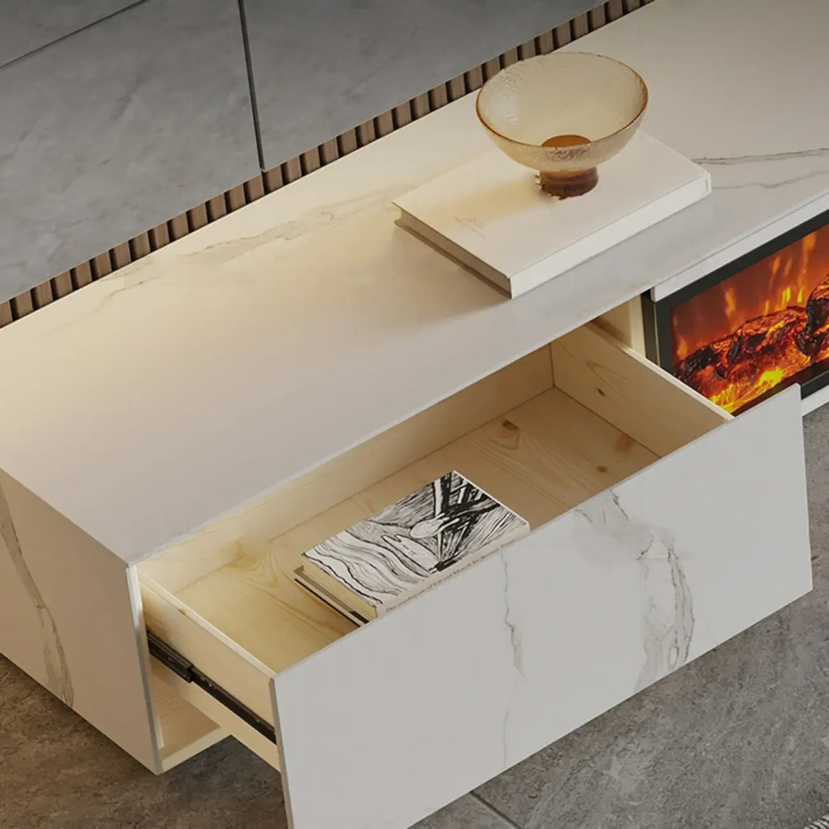 Meuble TV en pierre avec cheminée électrique noire et lumière, 87 cm de large – Sanzelize Design