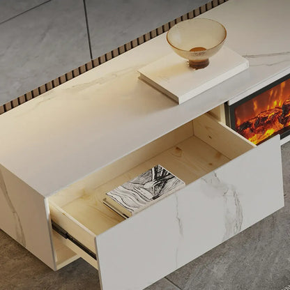 Meuble TV en pierre avec cheminée électrique noire et lumière, 87 cm de large – Sanzelize Design
