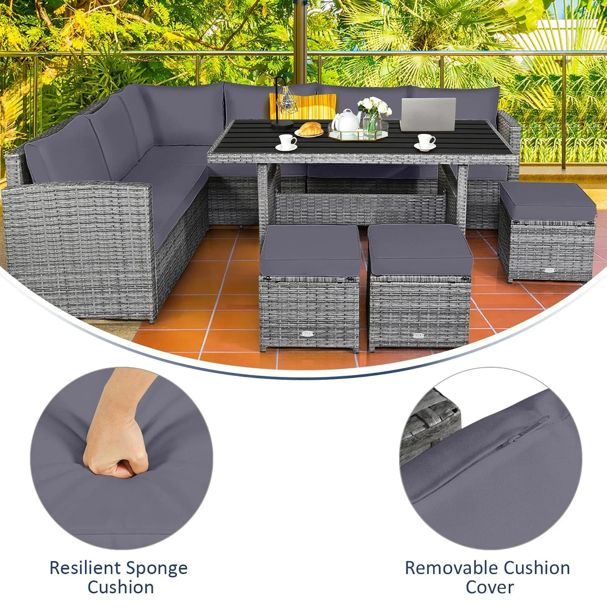 Ensemble de salle à manger 7 pièces en rotin pour terrasse, canapé sectionnel et pouf - Voir détails – Sanzelize Design