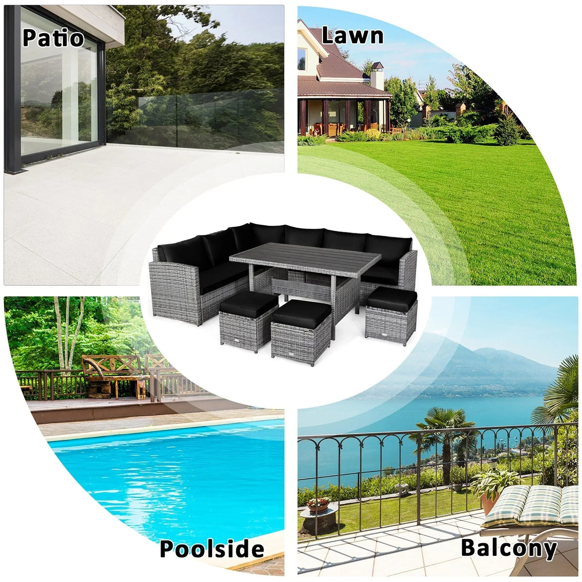 Ensemble de salle à manger 7 pièces en rotin pour terrasse, canapé sectionnel et pouf - Voir détails – Sanzelize Design