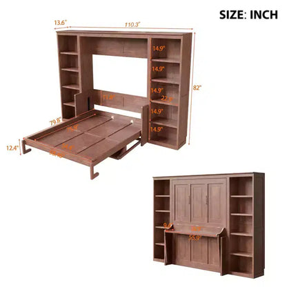 Lit escamotable grand lit/deux places avec bureau et étagère, brun foncé – Sanzelize Design