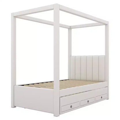 Lit à plateforme à baldaquin tapissé de lin 137 x 191 cm avec lit gigogne et trois tiroirs de rangement – Sanzelize Design