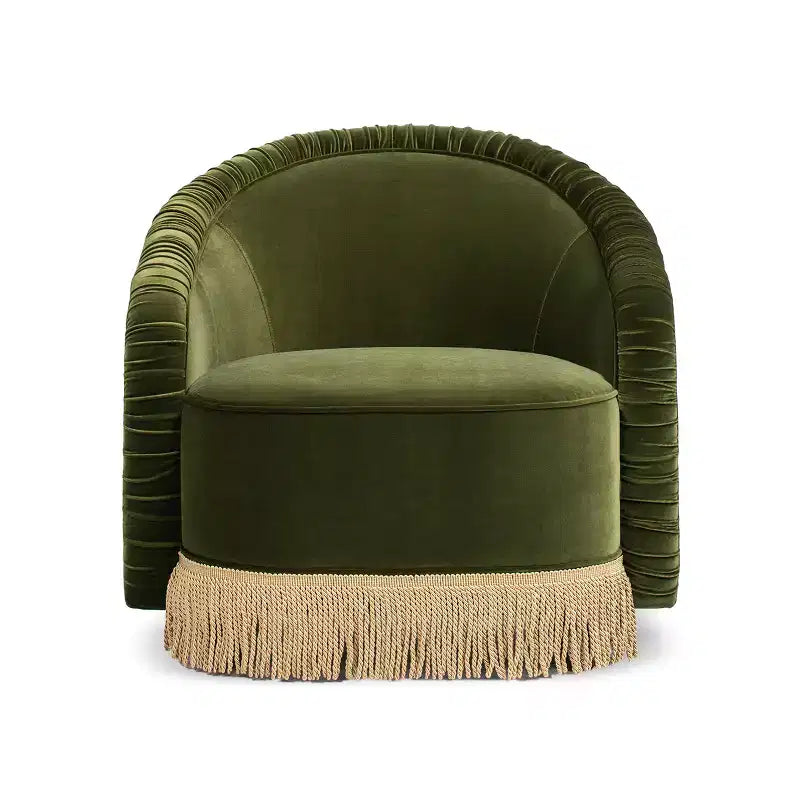 Serena fauteuil d'appoint avec dossier capitonné et franges, velours performant vert olive, 80 cm – Sanzelize Design