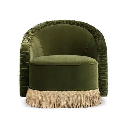 Serena fauteuil d'appoint avec dossier capitonné et franges, velours performant vert olive, 80 cm – Sanzelize Design