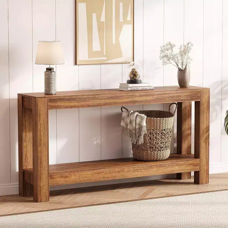 Table console d'entrée 160 cm avec 2 tiroirs, Table de canapé étroite en bois pour salon, couloir ou hall d'entrée – Sanzelize Design