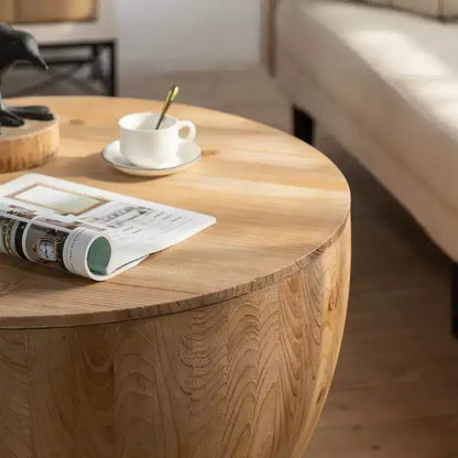 Table basse de rangement ronde et rétro en bois, adaptée au salon, à la salle à manger ou au bureau. – Sanzelize Design