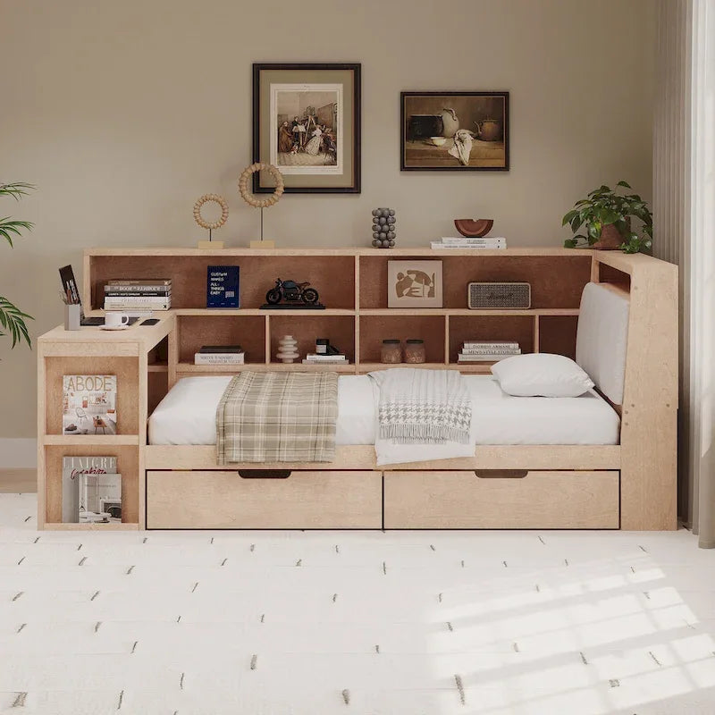 Canapé-lit d'angle en bois en forme de L avec bureau, bibliothèque, lit d'angle avec tiroirs de rangement – Sanzelize Design