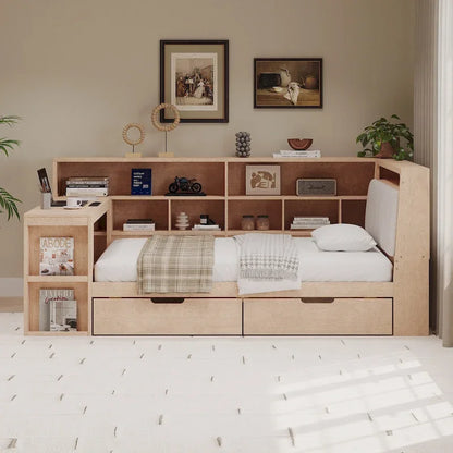 Canapé-lit d'angle en bois en forme de L avec bureau, bibliothèque, lit d'angle avec tiroirs de rangement – Sanzelize Design