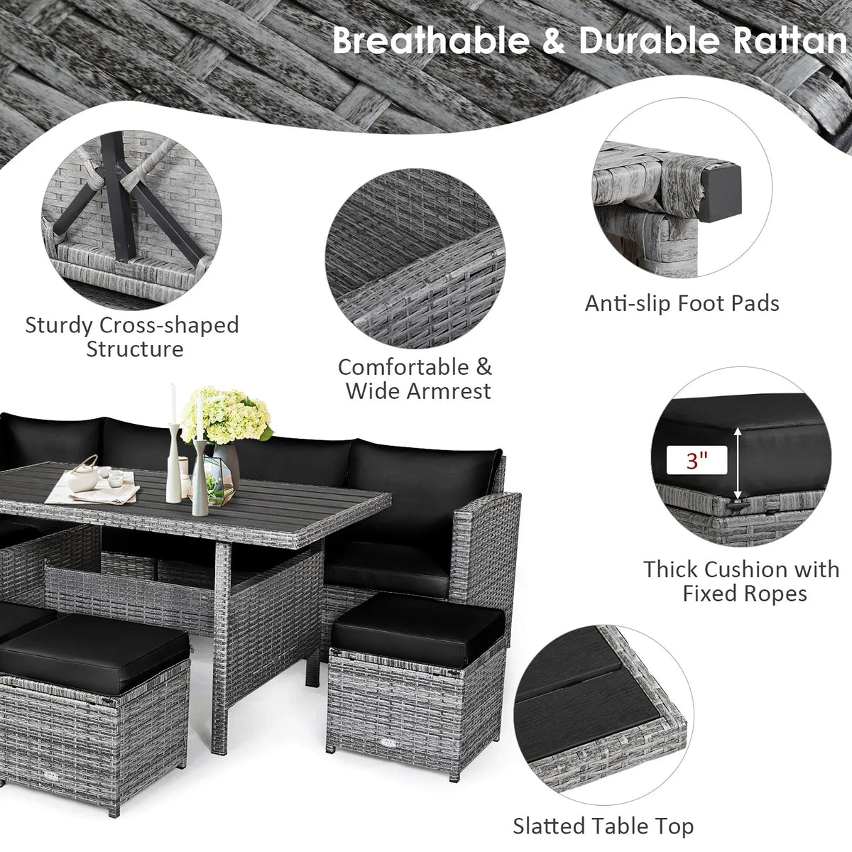 Ensemble de salle à manger 7 pièces en rotin pour terrasse, canapé sectionnel et pouf - Voir détails – Sanzelize Design