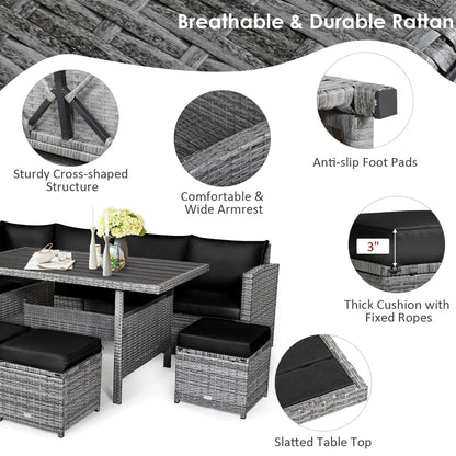 Ensemble de salle à manger 7 pièces en rotin pour terrasse, canapé sectionnel et pouf - Voir détails – Sanzelize Design