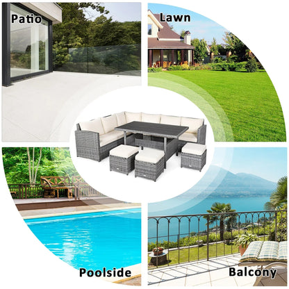 Ensemble de salle à manger 7 pièces en rotin pour terrasse, canapé sectionnel et pouf - Voir détails – Sanzelize Design