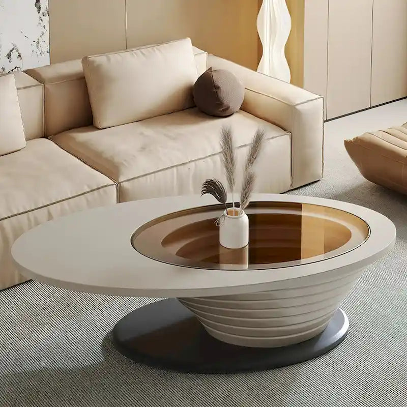 Table Basse Ovale en Verre Moderne Minimaliste Luxe Léger avec Base Grise 130 cm - L 130 cm x l 65 cm x H 36,5 cm – Sanzelize Design