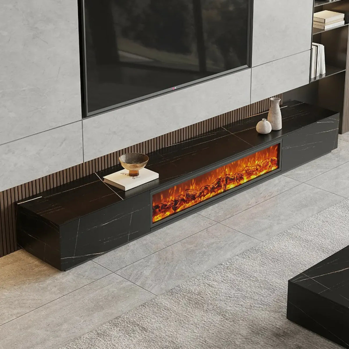 Meuble TV en pierre avec cheminée électrique noire et lumière, 87 cm de large – Sanzelize Design