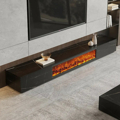 Meuble TV en pierre avec cheminée électrique noire et lumière, 87 cm de large – Sanzelize Design