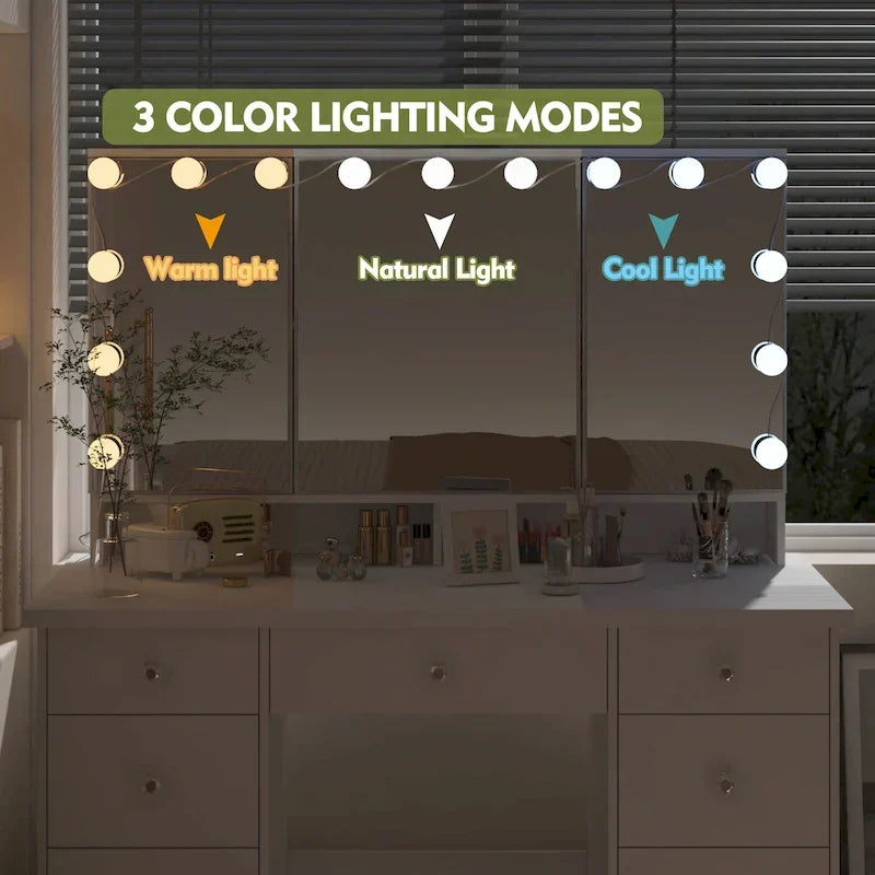 Coiffeuse LED de luxe avec 9 tiroirs, station de maquillage élégante – Sanzelize Design