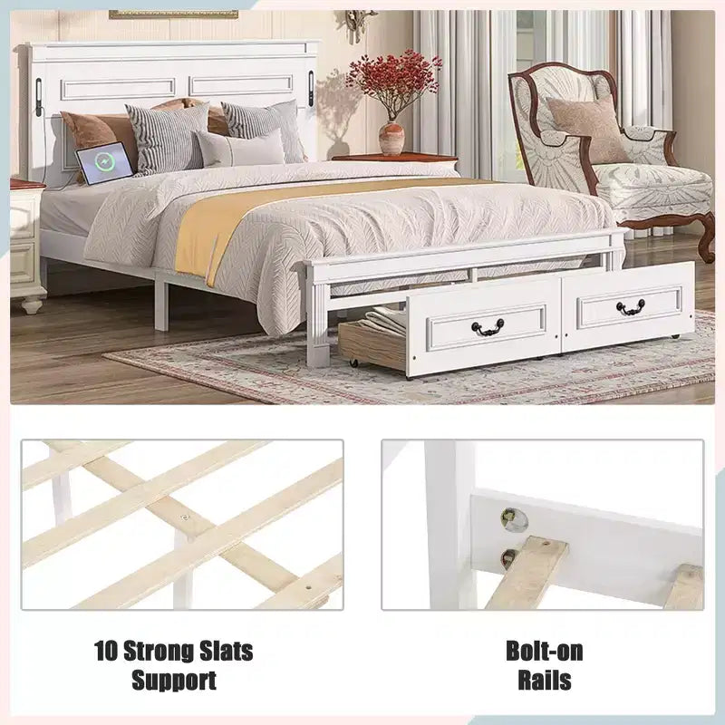 Lit plateforme 152 x 203 cm / 193 x 203 cm avec tête de lit haute, cadre de lit rustique en bois avec 2 tiroirs – Sanzelize Design