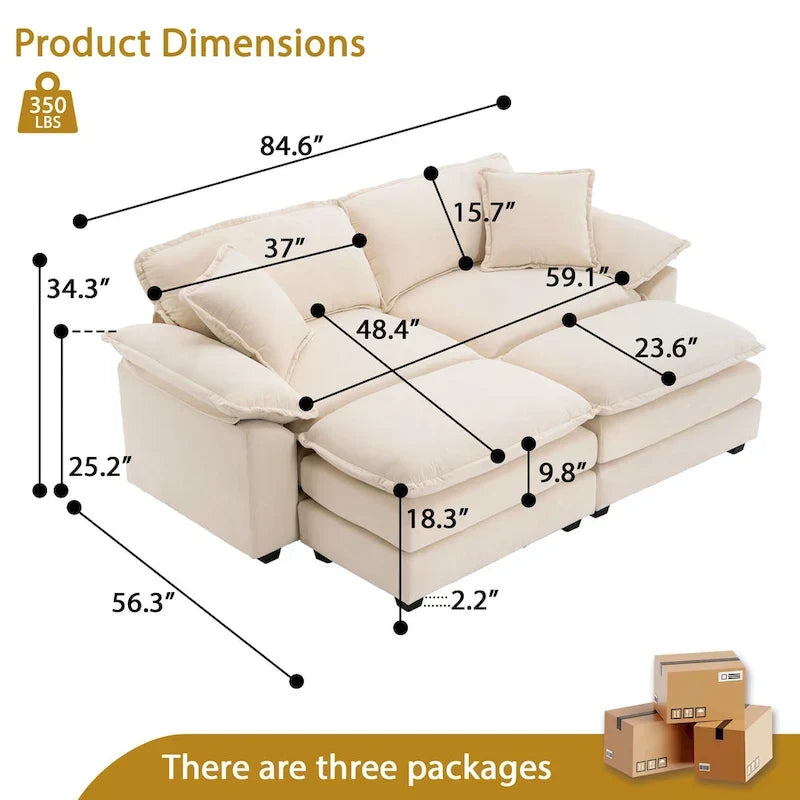 Canapé 2 places avec 2 coussins de siège, 2 oreillers et 2 poufs, canapé confortable - Canapé profond de salon – Sanzelize Design