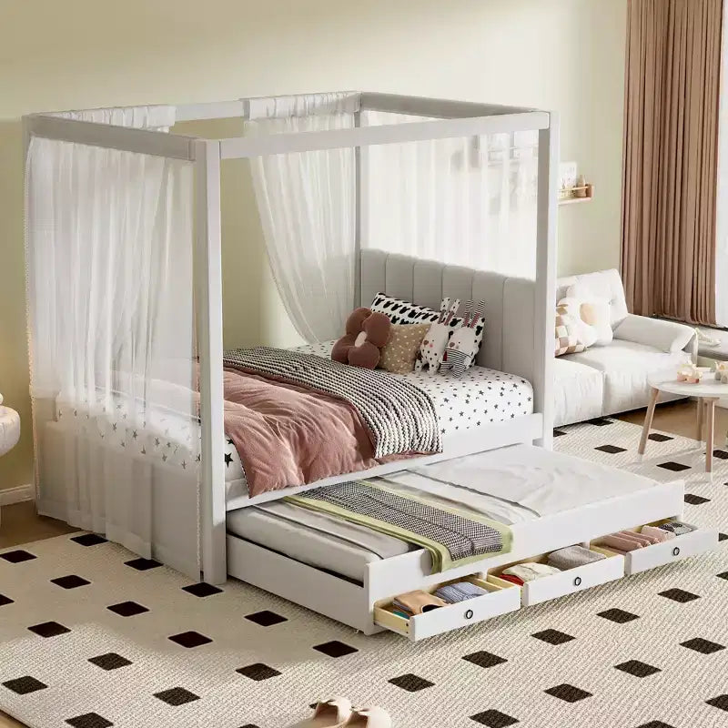 Lit à plateforme à baldaquin tapissé de lin 137 x 191 cm avec lit gigogne et trois tiroirs de rangement – Sanzelize Design