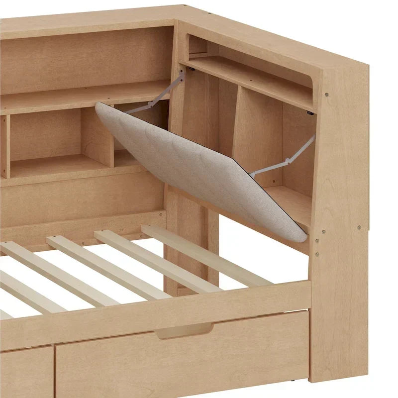 Canapé-lit d'angle en bois en forme de L avec bureau, bibliothèque, lit d'angle avec tiroirs de rangement – Sanzelize Design