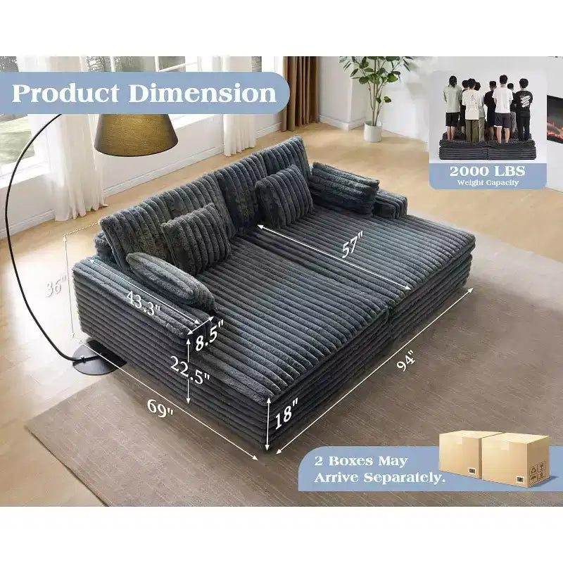 Canapé double méridienne 236 cm pour deux, canapé nuage avec assise profonde, coussins lombaires et accoudoirs larges – Sanzelize Design
