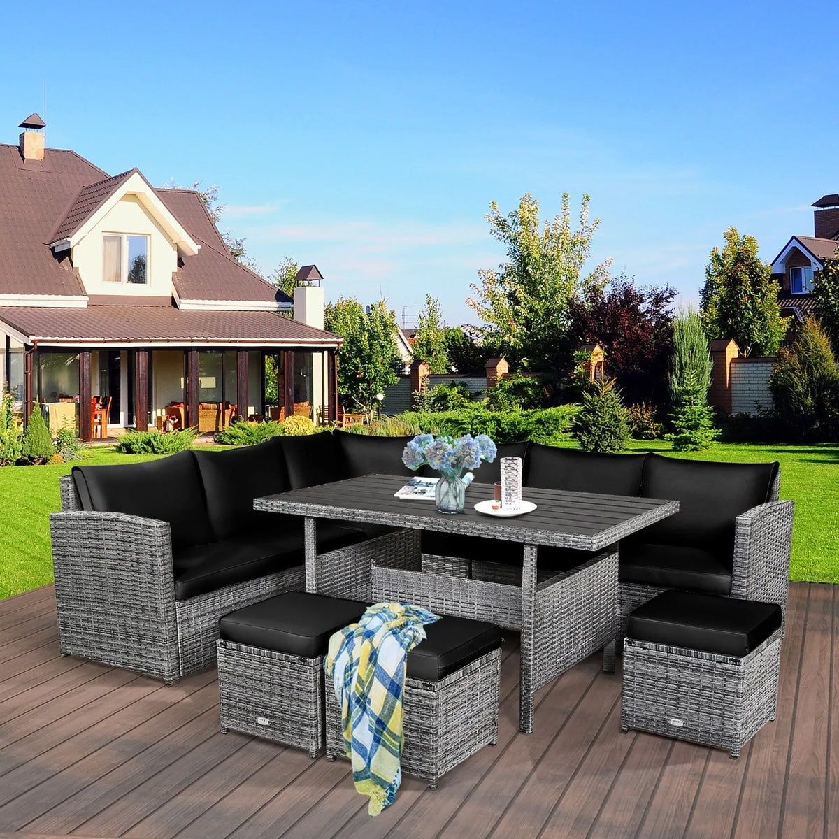 Ensemble de salle à manger 7 pièces en rotin pour terrasse, canapé sectionnel et pouf - Voir détails – Sanzelize Design