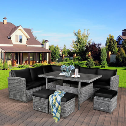 Ensemble de salle à manger 7 pièces en rotin pour terrasse, canapé sectionnel et pouf - Voir détails – Sanzelize Design