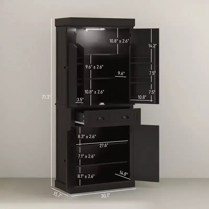 Garde-manger de cuisine de 180 cm avec lumières DEL, 6 tablettes de porte, un tiroir et 4 tablettes réglables – Sanzelize Design