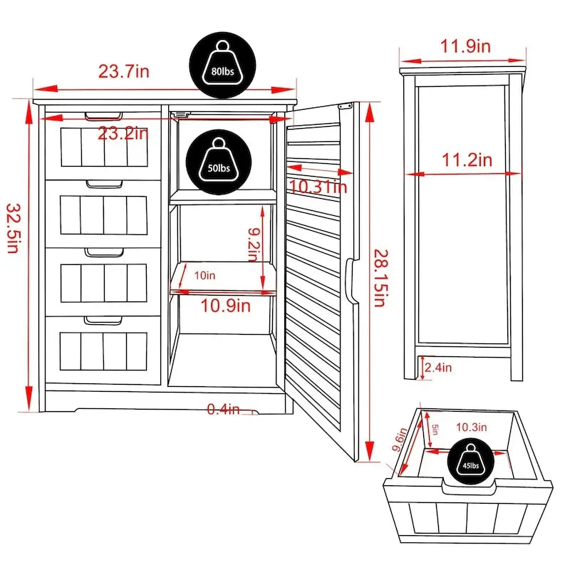 Meuble de Rangement Salle de Bain sur Pied avec 4 Tiroirs – Sanzelize Design