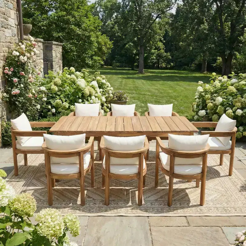 Ensemble de salle à manger d'extérieur rustique Irene 9 pièces en bois d'acacia avec chaises à dossier incurvé et – Sanzelize Design