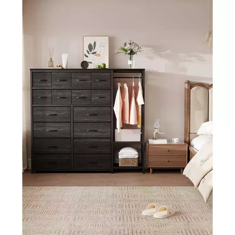 Commode de rangement avec 16 tiroirs, tringle à vêtements et étagères – Sanzelize Design