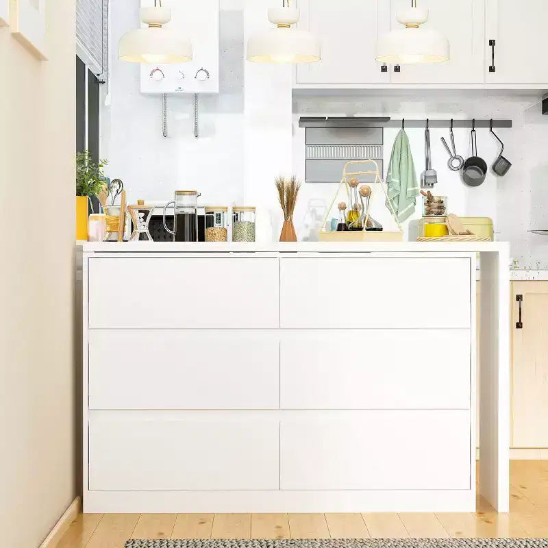 Desserte de buffet intelligente rotative/extensible avec 6 tiroirs, plan de travail étendu, tapis antidérapant – Sanzelize Design