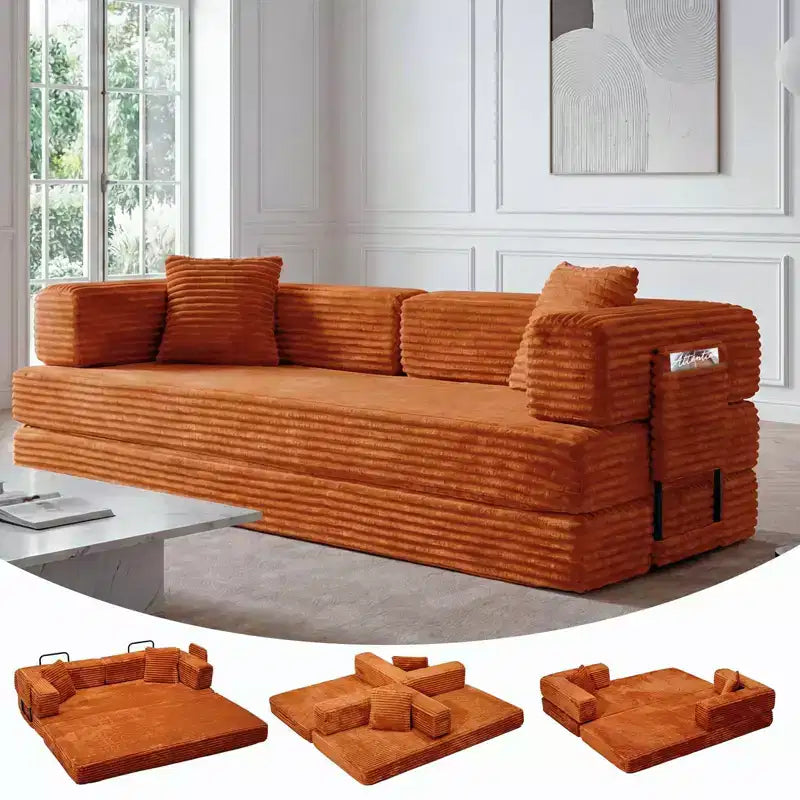 Canapé-lit convertible 5-en-1 de 205 cm – Velours côtelé, charge max. 544 kg, sans assemblage – Sanzelize Design