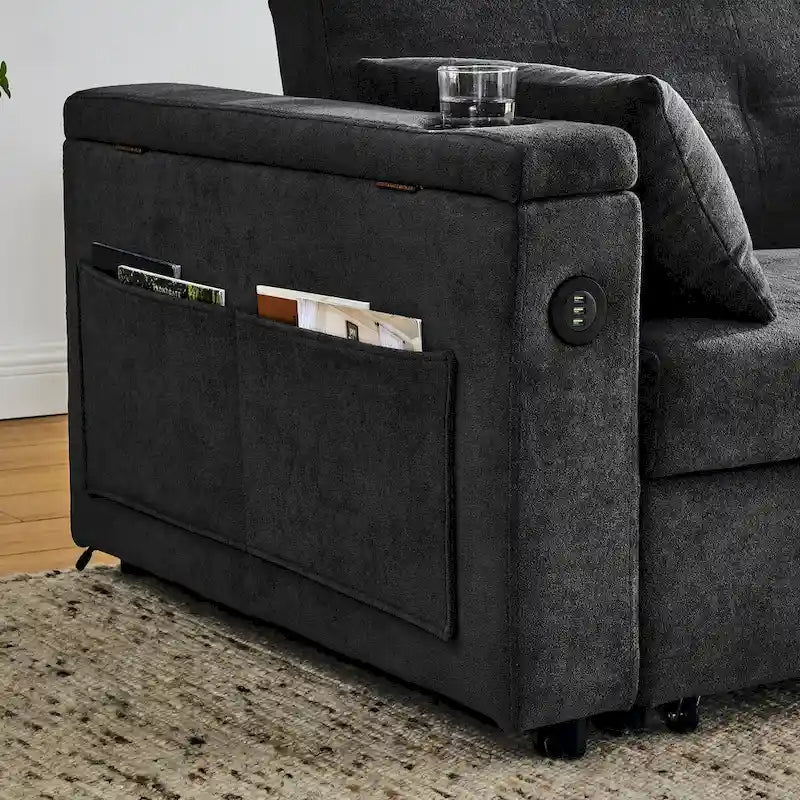 Canapé-lit gigogne 137 cm, canapé-lit inclinable 2 places avec rangement, oreiller lombaire, prise USB – Sanzelize Design