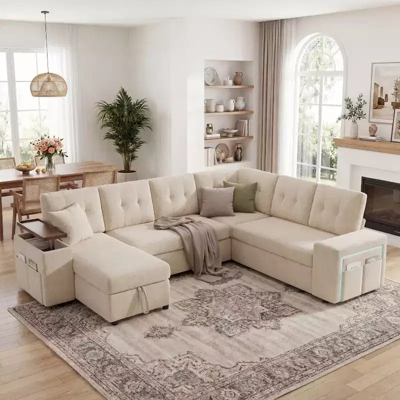 Canapé modulaire 284 cm convertible avec lit gigogne, canapé d'angle en U avec rangement – Sanzelize Design