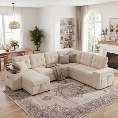 Canapé modulaire 284 cm convertible avec lit gigogne, canapé d'angle en U avec rangement – Sanzelize Design