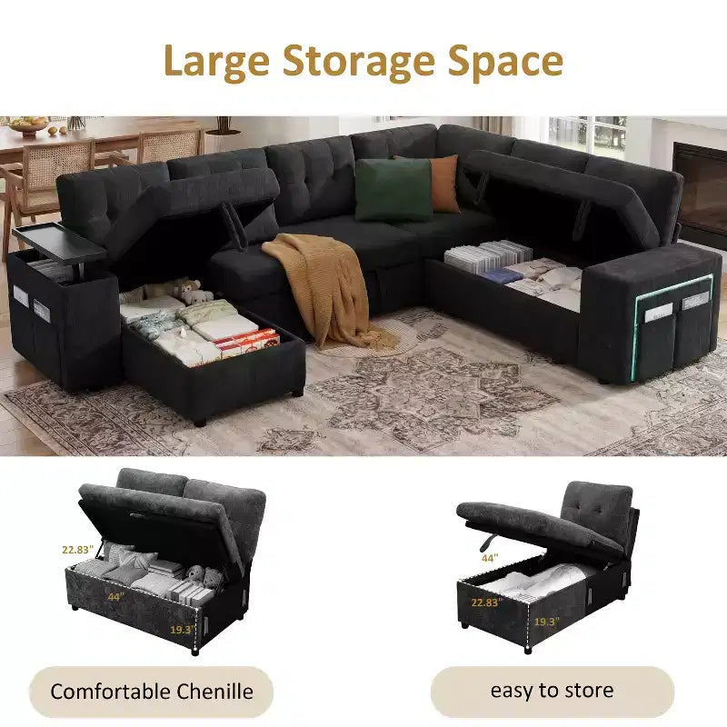 Canapé modulaire 284 cm convertible avec lit gigogne, canapé d'angle en U avec rangement – Sanzelize Design