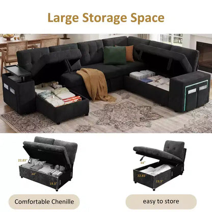 Canapé modulaire 284 cm convertible avec lit gigogne, canapé d'angle en U avec rangement – Sanzelize Design