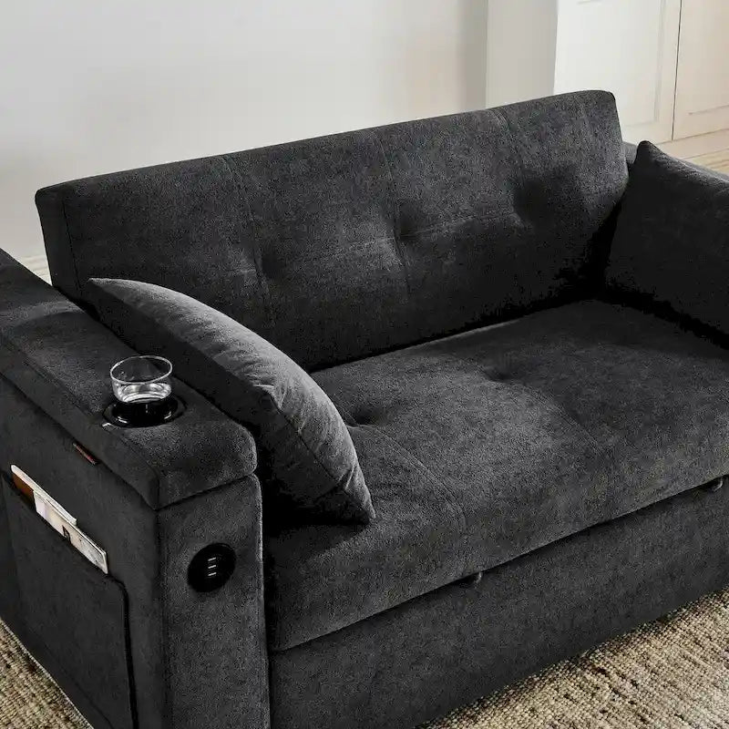 Canapé-lit gigogne 137 cm, canapé-lit inclinable 2 places avec rangement, oreiller lombaire, prise USB – Sanzelize Design