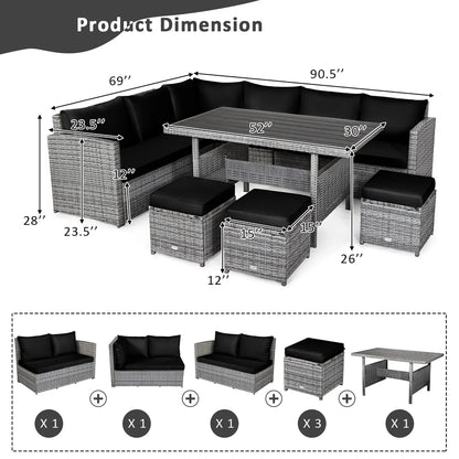 Ensemble de salle à manger 7 pièces en rotin pour terrasse, canapé sectionnel et pouf - Voir détails – Sanzelize Design