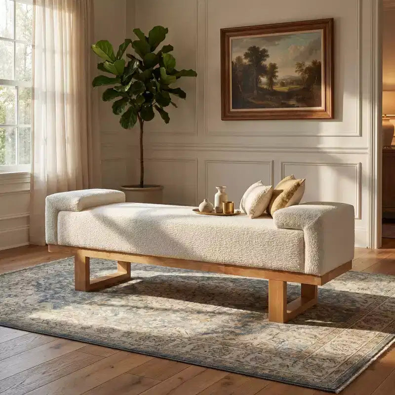Banc rembourré Paulina moderne en bois d'hévéa et tissu bouclé – Sanzelize Design