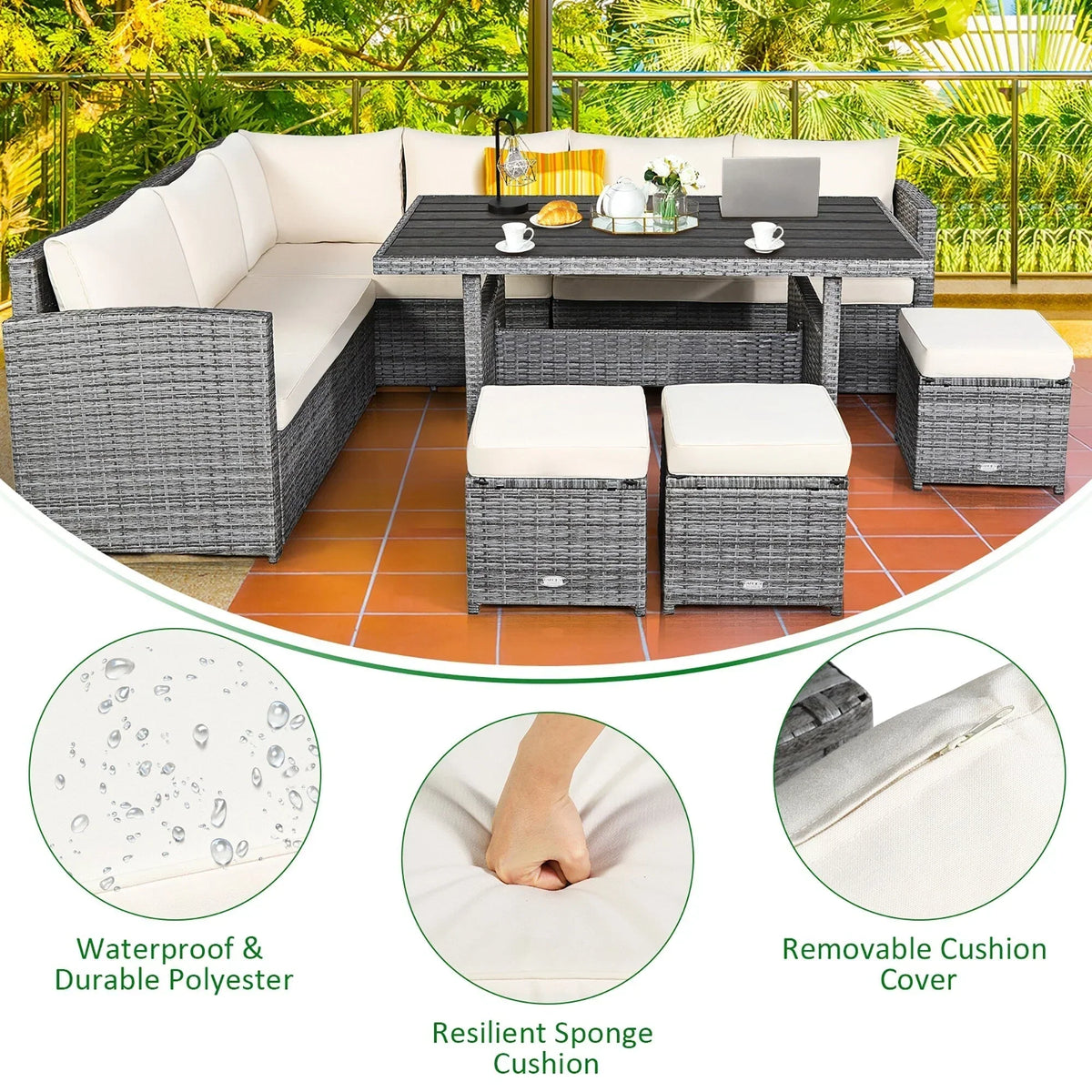 Ensemble de salle à manger 7 pièces en rotin pour terrasse, canapé sectionnel et pouf - Voir détails – Sanzelize Design