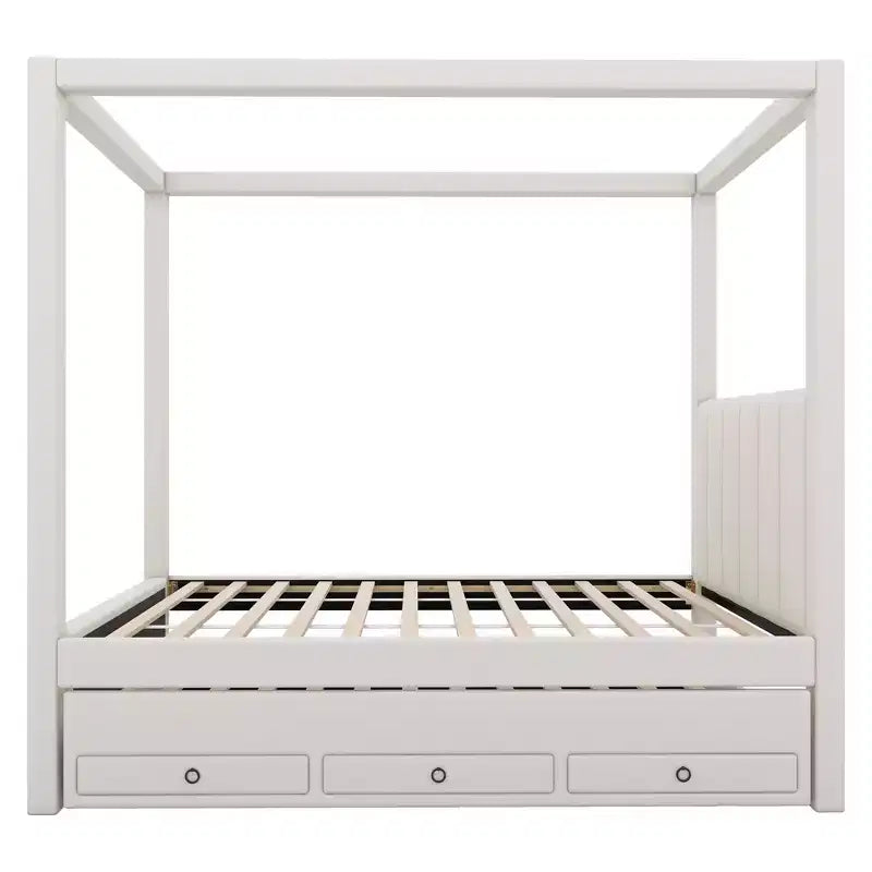 Lit à plateforme à baldaquin tapissé de lin 137 x 191 cm avec lit gigogne et trois tiroirs de rangement – Sanzelize Design