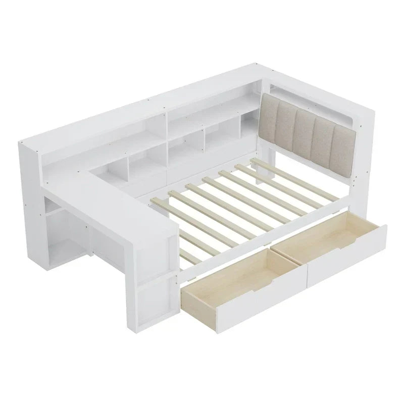 Canapé-lit d'angle en bois en forme de L avec bureau, bibliothèque, lit d'angle avec tiroirs de rangement – Sanzelize Design