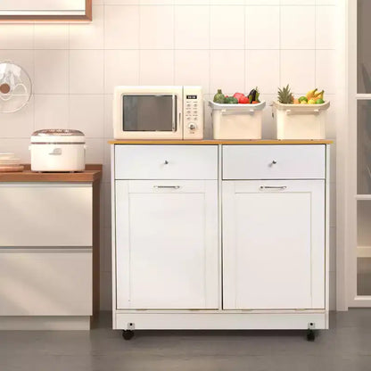 Meuble de cuisine à double inclinaison avec 2 tiroirs, meuble poubelle avec rangement sur roulettes, blanc – Sanzelize Design