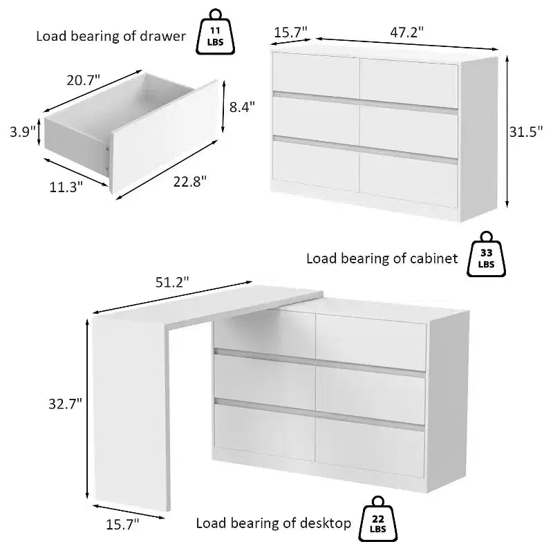 Desserte de buffet intelligente rotative/extensible avec 6 tiroirs, plan de travail étendu, tapis antidérapant – Sanzelize Design