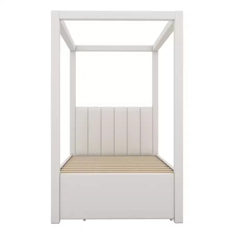Lit à plateforme à baldaquin tapissé de lin 137 x 191 cm avec lit gigogne et trois tiroirs de rangement – Sanzelize Design
